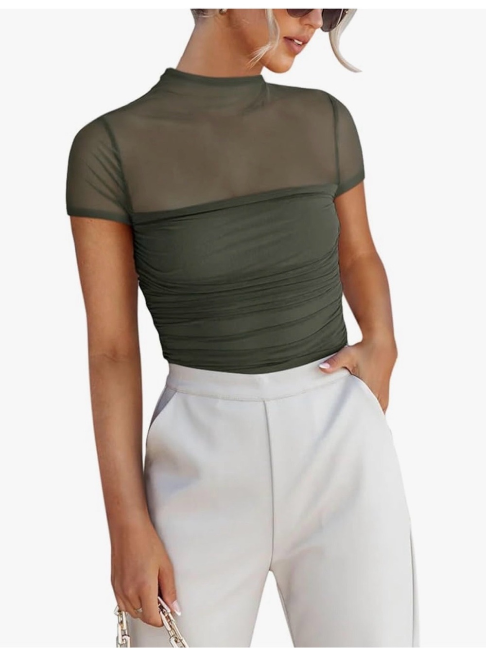 REORIA Sheer Mesh Ruched Mock Neck Bodysuit Olive Green Large NWT